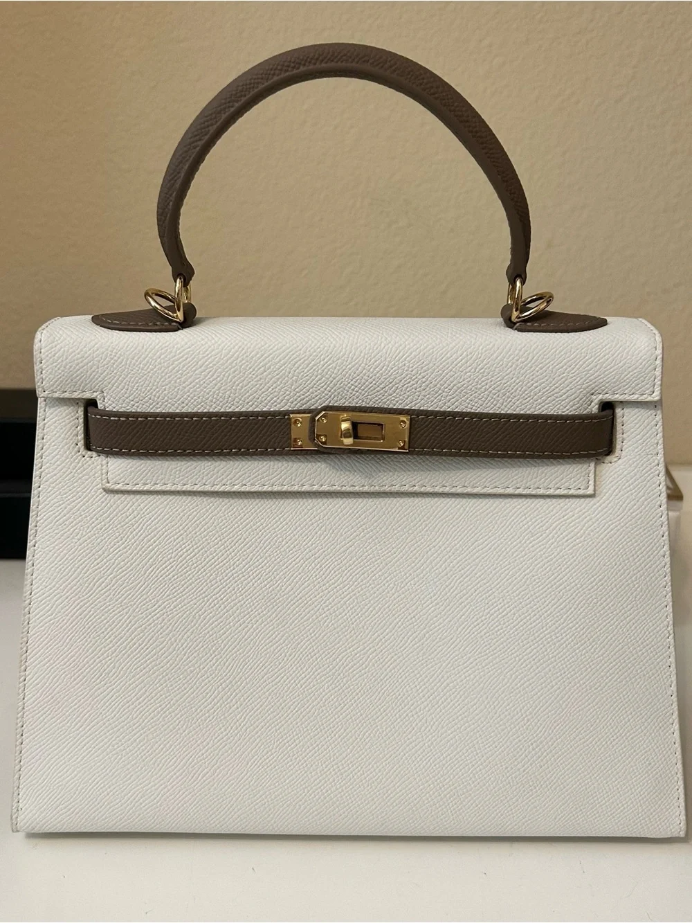 25cm White & Etaupe Epsom Leather Top-Handle Satchel